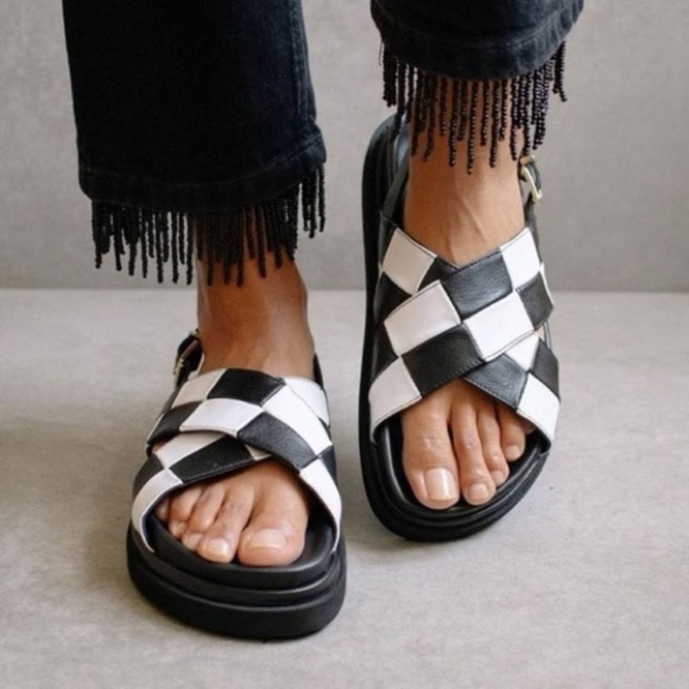 ALOHAS Black and White Checkered Leather Platform Sandals